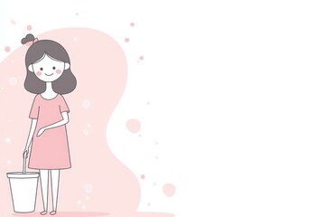 Cheerful Young Woman Cleaning with Bucket in Simple Style Illustration