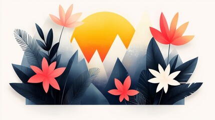 Sunrise over colorful floral landscape nature illustration vibrant colors digital art