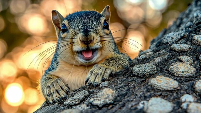 Squirrel perched on tree trunk with joyful expression during sunset in a serene park