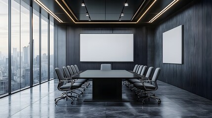 Modern office interior with empty framed mockup poster on the wall and conference room with glass partition. 3D Rendering,
