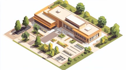 Isometric Illustration of a Modern Building with Parking and Green Spaces Surrounding it