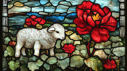 Lamb, flower, stained glass, landscape
