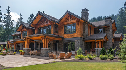 Luxury log home backyard patio, mountain setting