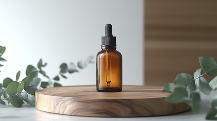 A bottle of face oil with an amber glass cap and dropper top, sitting on wooden circular surface. The background is white,