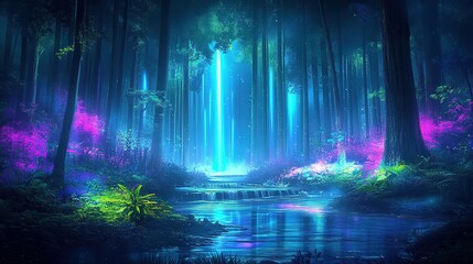 A mysterious forest features luminous blue light reflecting in the water