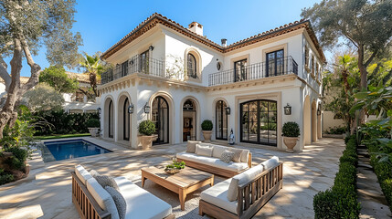 Fototapeta premium Mediterranean Estate Home Exterior with Pool and Patio