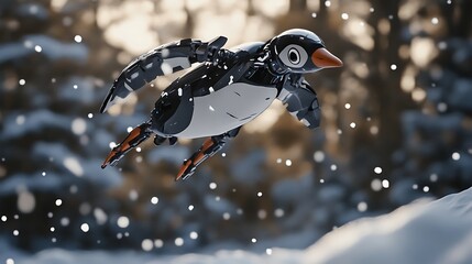 A lively penguin gracefully flying through falling snow in a serene winter landscape, showcasing a magical atmosphere and natural beauty