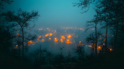 Fototapeta premium Misty Mountain View of City Lights at Dusk