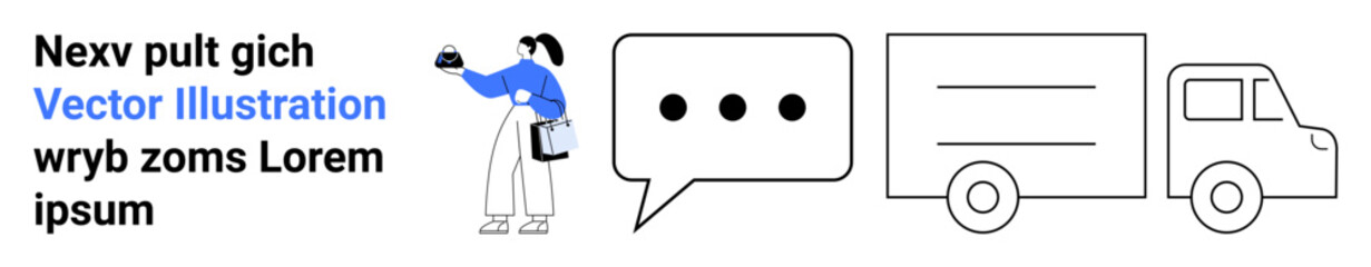 Courier holding clipboard near delivery truck and chat bubble with text. Ideal for logistics, delivery services, communication, transportation, customer support, business processes, and flat landing