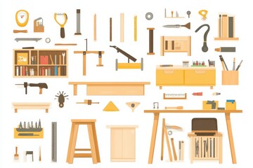 Various Tools and Workshop Equipment in a Flat Design Layout