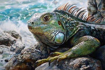 Fototapeta premium Illustration of an iguana revealing shiny green scales with stunning detail. Sharp eyes watching intently, long curved tail resting on a rock, leisurely enjoying every ray of sunlight
