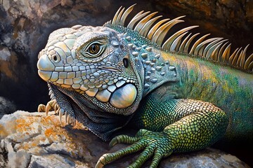 Fototapeta premium Illustration of an iguana revealing shiny green scales with stunning detail. Sharp eyes watching intently, long curved tail resting on a rock, leisurely enjoying every ray of sunlight