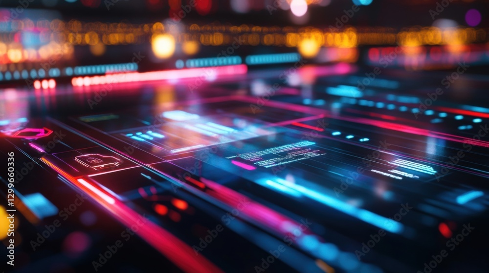 Poster futuristic interface displaying data, statistics, and code with glowing lines and icons, representin