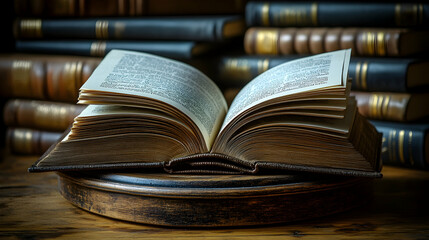 Open antique book on wooden pedestal in library (1)