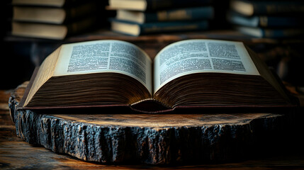 Obraz premium Open Book on Wooden Slice, Library Background