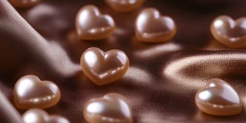Fototapeta premium Heart-Shaped Pearls Elegantly Scattered on Satin Surface
