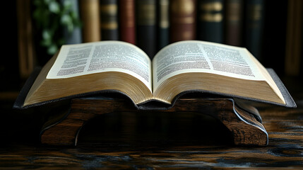 Obraz premium Open book on wooden stand in library