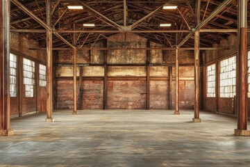 Fototapeta premium Abandoned Industrial Warehouse Interior with Exposed Brick and Wood