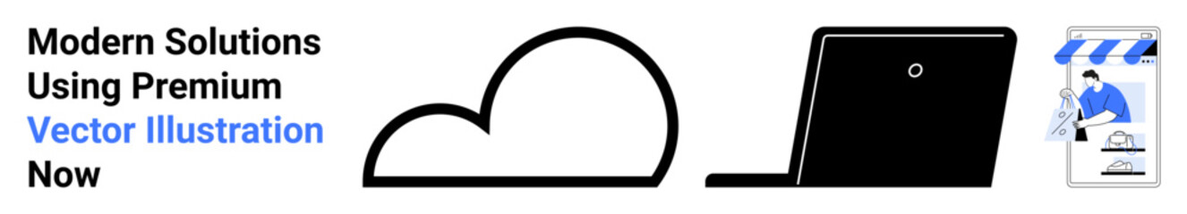Cloud with laptop and storefront graphic representing digital technology, cloud computing, and online services. Ideal for tech, ecommerce, marketing, innovation, IT, remote work flat landing page