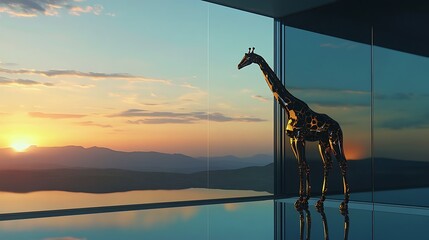 A metallic giraffe sculpture stands silently against a vibrant sunset view from a modern architectural glass setting, highlighting the serene beauty of nature and art