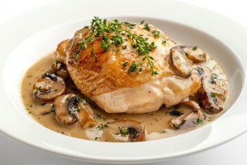 Delicious chicken with creamy mushroom sauce and thyme garnish on white plate close up shot