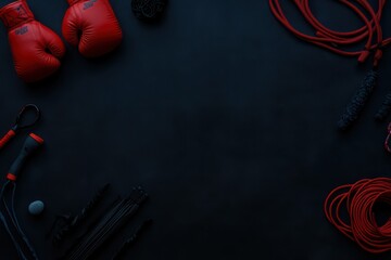 Red fitness equipment flatlay; boxing gloves, jump ropes. Workout background