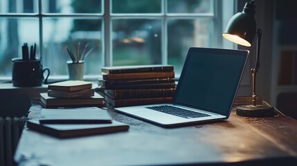 Laptop on a wooden desk near the window under the light illuminating books and stationery objects in calm and dark scene