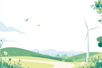 Fototapeta premium Serene Landscape with Wind Turbine and Colorful Butterflies