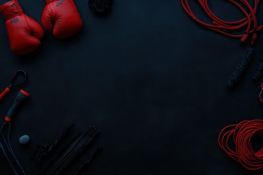 Red fitness equipment flatlay; boxing gloves, jump ropes. Workout background