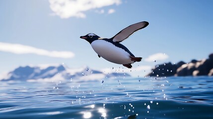 A penguin gracefully leaps out of the turquoise ocean with splashes of water, against a backdrop of snowy mountains under a clear blue sky