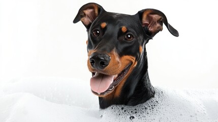 Doberman Pinscher happy getting a bath with bubbles in a bright white setting during daytime grooming session
