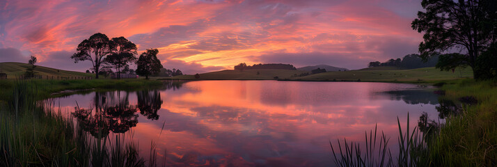 Serene Sunset Over Tranquil Lake Reflecting Vibrant Colors with Lush Greenery and Silhouetted Trees