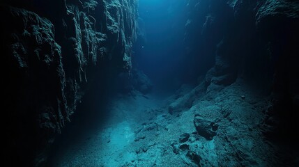 An underwater shot of Zhemchug Canyon, the deepest submarine canyon on Earth, where colossal rock walls disappear into the abyss. Strange deep-sea creatures glow faintly in the darkness. 