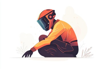 Futuristic Worker in Protective Gear, Squatting in a Minimalist Style