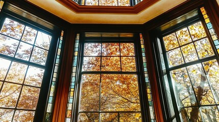Interior view of multi paned windows showing autumn leaves outside
