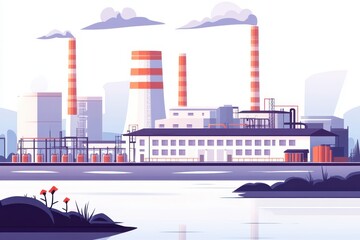 Industrial landscape with factories and smoke stacks beside water