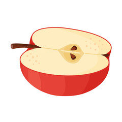 Red ripe half apple, fresh garden fruit. Hand drawn food clipart. Half, slice of fresh red apple fruit, Flat style isolated on transparent background. Vector illustration