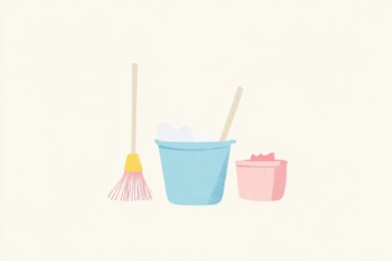Colorful Cleaning Tools with Buckets and Broom in Soft Style