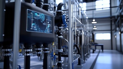 Closeup of a holographic schematic hovering above a sophisticated filtration system with interactive elements allowing operators to simulate various water treatment scenarios surrounded