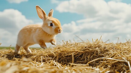A light brown bunny rabbit leaps dynamically across a field of golden hay, under a vibrant blue sky dotted with fluffy white clouds. The bunny's fur appears soft, and its ears are perked up