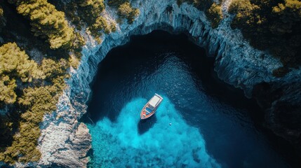 An aerial drone shot of Melissani Caves turquoise waters, revealing the collapsed cave roof that allows sunlight to flood in, creating a glowing blue spectacle.