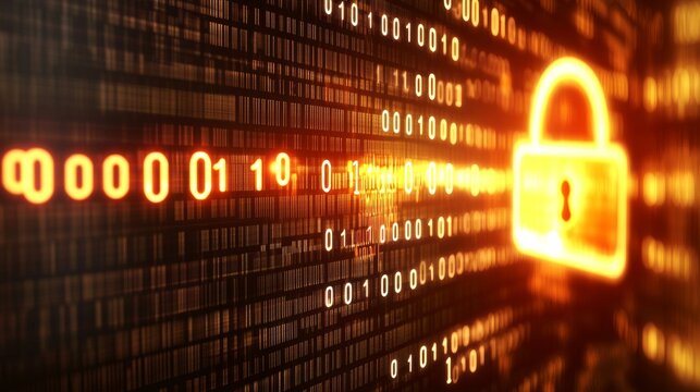 Secure Data Transfer: Glowing Binary Code and Padlock Encryption - Powered by Adobe