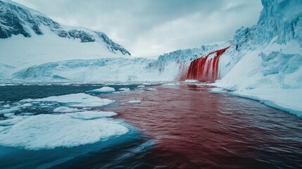 A moody shot of Blood Falls in Antarctica, where iron-rich water oozes out of the glacier, staining the ice deep red. The harsh, frozen environment enhances the eerie atmosphere. 