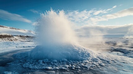 Fototapeta premium A high-speed capture of an exploding ice geyser in a remote Icelandic valley, freezing water droplets mid-air as the geothermal explosion sends ice crystals flying.