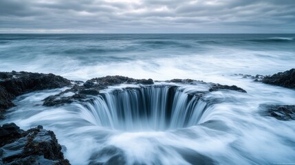 Obraz premium A dramatic long-exposure shot of Thor's Well, where powerful ocean waves crash into the natural sinkhole, creating a mesmerizing vortex effect. Water appears silky and endless against the rugged coast