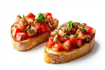 Classic bruschetta appetizer with fresh tomatoes basil herbs italian bread and vibrant colors angled view gourmet dish