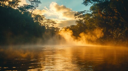 A cinematic wide-angle view of the Boiling River in the Amazon, where steam rises dramatically from the intensely hot, flowing water. Lush rainforest vegetation frames the scene