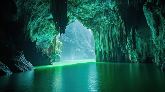 A cinematic interior shot of Thailands Emerald Cave, where vivid green light from the water reflects onto the limestone walls, creating a mystical atmosphere.