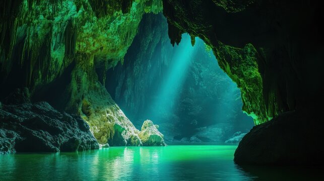 A cinematic interior shot of Thailands Emerald Cave, where vivid green light from the water reflects onto the limestone walls, creating a mystical atmosphere. 