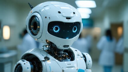Futuristischer KI-gestützter Krankenhaus-Roboter mit leuchtenden Augen in moderner Klinik